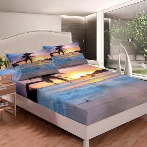 Tropisch Spannbettlaken 90x200 cm, Mikrofaser Bettlaken für Kinder, Boxspringbett Spannbetttuch bis 30 cm Matratzenhöhe, 3D Hawaii Bettlaken 90 x 200 Mit 1 x Kissenbezügen D2173