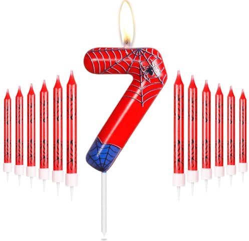 Personalisiertes Happy 7th Birthday Kuchen Kerzen Set, Blau Rot Kerzen mit Spinnennetz, Spinne Nummer 7 Kerzen Kuchen Topper für Kuchen, Spinne Thema Party Kerzen für Jungen Mädchen 7. Geburtstag