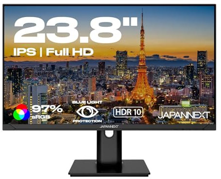 JAPANNEXT Monitor 23,8 IPS Full HD (1920x1080) | HDR | USB-C-Ladefunktion (65W) Höhen- und Neigungsverstellung (HSP) Integrierte Lautsprecher | G-Sync/FreeSync | 2 Jahre Garantie | JN-IPS2382FHDR-HSP