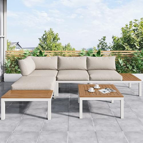 Merax Gartenmöbel Set 4-Personen, Lounge Sitzgruppe Outdoor mit Tisch, Ecksofa-Set aus verzinktem Eisen & Massivholz, für Garten Balkon Terrasse, inkl. Kissen, wetterfest Gartenlounge Set, Beige