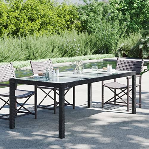 Gecheer Tavolo da giardino nero 190x90x75 cm Vetro Temperato/resina intrecciata, Tavolo esterno per terrazza, interno esterno, piscina e campeggio