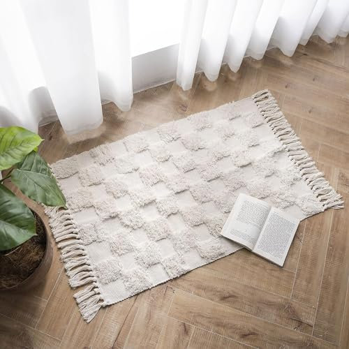 JaeMoose Baumwolle Teppich Getuftet Baumwollteppich Waschbar Retro Teppich Flur mit Quasten Marokkanisch Boho Teppiche für Wohnzimmer Schlafzimmer Eingangstür (Beige Checkerboard, 60 x 90 cm)