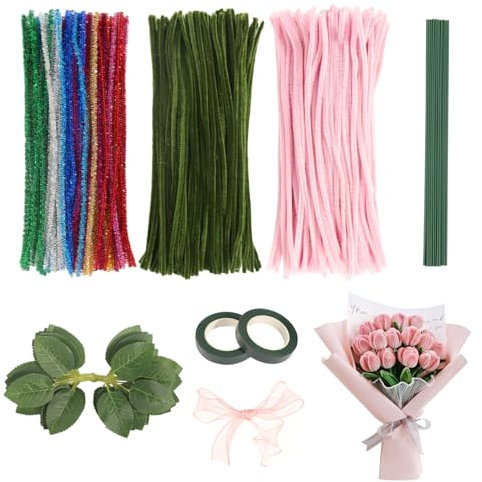 300 Stück Pfeifenreiniger Tulpe Blumenstrauß Pfeifenreiniger Set Pfeifenreiniger Blumen Rosa Grün Pfeifenputzer zum Basteln Bunt Chenilledraht für Kinder Basteln und Weihnachten Dekoration