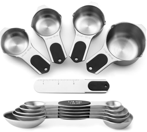 Spring Chef Magnetic Measuring Cups & Spoons Set (Patent Pending), Strong N45 Magnets, Heavy Duty Stainless Steel Fits in Spice Jars for Baking & Cooking, BPA Free, Round Set of 9, Black