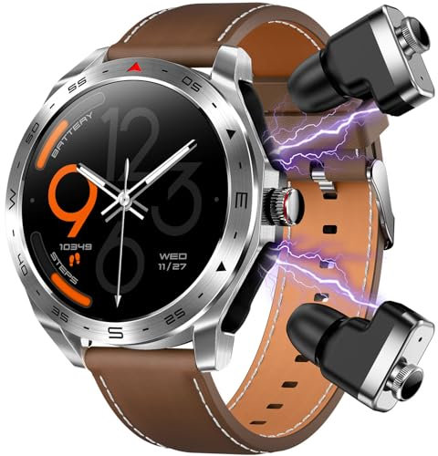Hipipooo Smart Uhr T95 2 in 1 Bluetooth Kopfhörer HiFi Musik Ohrhörer Männer Frauen Sport Fitness Tracker Smartwatch Headset(T95-Silber)