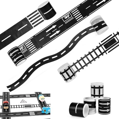 Esshogo 4 Rollen Straßen Klebeband für Kinder Spielen Aufkleber Straße Straßenband, Straßenbande, Züge Eisenbahnen Straße Washi Tape Set Masking Tape für Spielen und Lernen, Kunst, DIY Handwerk
