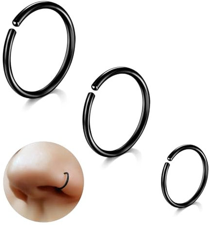ESHIONER G23 Titan Nasenpiercing Nasenring Hoop Set Knorpel Ringe Dünn Klein Septum Helix Ringe Hypoallergen 20G 6MM/8MM/10MM Schwarz 3PCS Knorpel Ohrring Nase piercing Schmuck Damen
