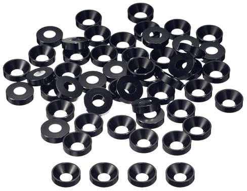 sourcing map 50 arandelas avellanadas de acabado M5, juntas de tornillo de aleación de aluminio, junta de arandela de cabeza de copa para piezas de accesorios mecánicos, color negro