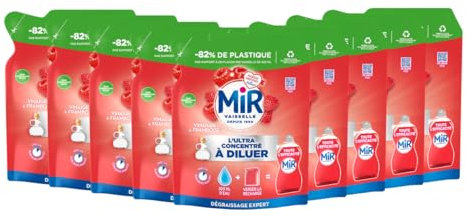 Mir Vaisselle-L'Ultra Concentré à Diluer-Vinaigre & Framboise -Dégraissage Expert -Efficace à Froid -Vinaigre Blanc -Sans Conservateurs -Sans Allergènes Parfum - Marque Préférée des Français- 9x150 ml