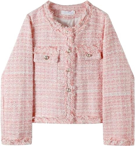 Blazer en Tweed à la Mode Polyvalent à la Mode Veste recadrée à Carreaux pour Femmes Blazer en Tweed Rose à Carreaux élégant Workwear Slim (Rose,XL)