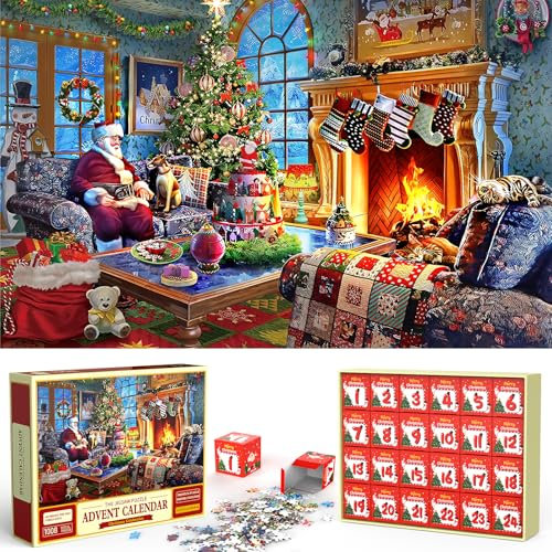 Christmas Advent Calendar 2024, 1008pcs Xmas Jigsaw Puzzle Jigsaw Advent Calendar for Adults, Xmas Countdown Calendars for Home Decoration, Santa
