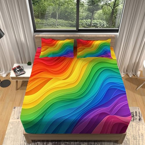 Regenbogen Bedding 90 x 200 cm, Spannbettlaken Gebürstete Polyester Mikrofaser Spannbetttuch 30 cm Tiefe Tasche Spannbetttuch Weich bunt Spannbettlaken
