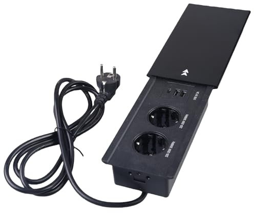 GOEDCH Prise Encastrable Plan de Travail: Coulissant Couvercle Prise de Bureau avec 2 Prises avec USB et Type C, Multiprise Encastrée Câble de 1,8 m pour Bureau de Cuisine de Bureau