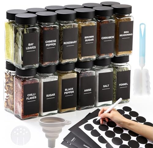 LUFEVRM 24 Pack Minimalist Square Glass Spice Jars with Lids, 120ml, 4.3 cm x 10.7 cm x 4.1 cm, Includes Funnel and Brush, Spice Rack Organizer