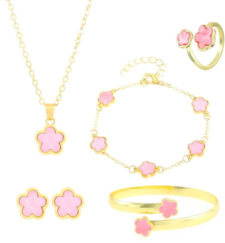 FDEETY Parure Bijoux Femme Mode avec Fleurs en Boucles d'Oreilles Collier Bracelet Bague Set Minimalistes Réglable Vacances Cadeau
