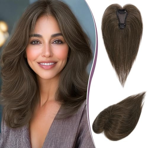 RUWISS Haar Toppers für Frauen Echthaar Topper Leichtes Braun Clip in Haarteil für Dünner Haar Oberkopf Flauschiger Glatter Hair Topper ohne Pony