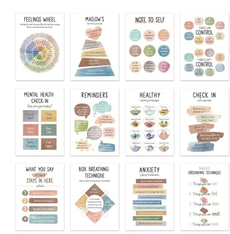 Calm Down Corner Poster – Mental Health Matters Diagramm, Klassenzimmer- , 12 x Poster zur Emotionsverordnung, Achtsamkeitsbedarf, langlebiges beschichtetes Papier für Schule, Räume