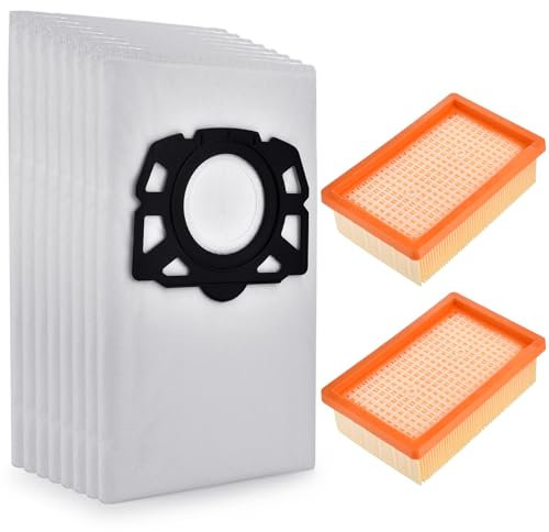 Staubsaugerbeutel-Filterset für Kärcher WD4 WD5 WD6 MV4 MV5 MV6 WD5P WD6P Premium, 8 Beutel ersetzen Art.-Nr. 2.863-006.0 KFI 487, 2 Flachfilter ersetzen Art.-Nr. 2.863-005.0 KFI 4410