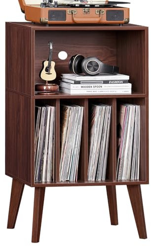 LELELINKY Record Player Stand, Turntable Stand Hold Up To 160 Albums, Mid-Century Vinyl Storage Table With Legs, Record Player Holder Display Cabinet Rack For Bedroom Living Room, Walnut