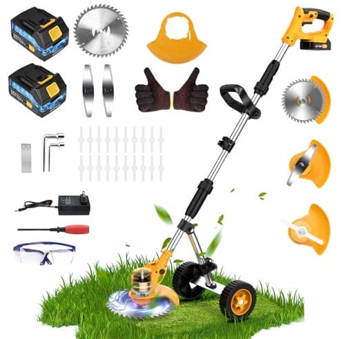 21V Rasentrimmer Mit Akku und Ladegerät Rasentrimmer Elektrisch Teleslopstiel Radkantenschneider Rasenmäher 3 Arten Messer 4 in 1 Freischneider Akku mit 2x2Ah Batterie