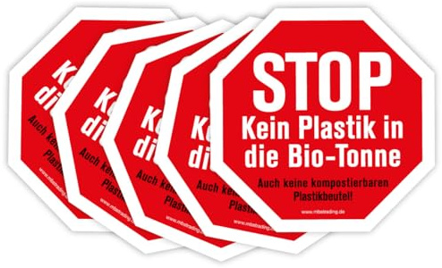 5 Stück – Aufkleber Recycling Hinweis „STOP Kein Plastik in die Bio-Tonne“ Mülltrennung Warnhinweis Folie Oktagon, rot | 15 x 15 cm Made in Germany