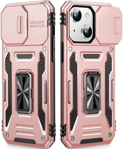OLHAOMAO Cover per iPhone 13/14 con Support À 360°,[Anello Magnetico Cavalletto][Copertura Fotocamera Scorrevole] Caso di Protezione delle lenti Militare per iPhone 13/14, 6,1,Rosa