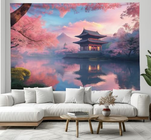 CEDNXOER Wandteppich Rosa Kirschbaum, Wandtuch Tapisserie Wandbehang See Spiegelung Alter Pavillon Tapestry Wanddekoration für Schlafzimmer100x150 cm