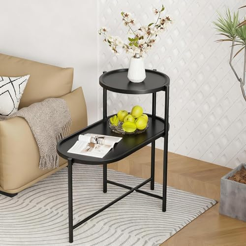 AYES Double Layer Side Table, 70 * 35 cm Sofa End Table Reading Corner for Living Room Bedroom, Wooden Bedside Lamp Stand, Night Stand for Potted Plant Tea Coffee (Black)