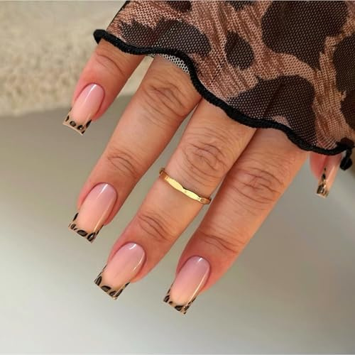 24 Stück French Tip Press on Nails Kurze Quadratische Kunstnägel Leopardenmuster Acryl Glänzend Vollabdeckung Aufkleben Acrylnägel für Frauen