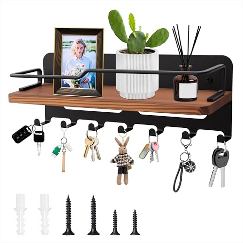 Qzakce Porte-Clés Mural en Bois avec 7 Crochets Porte-Clés Décoratif Porte-clés en Bois avec Étagère Organiseur pour Entrée, Couloir, Chambre, Salon (Noir)