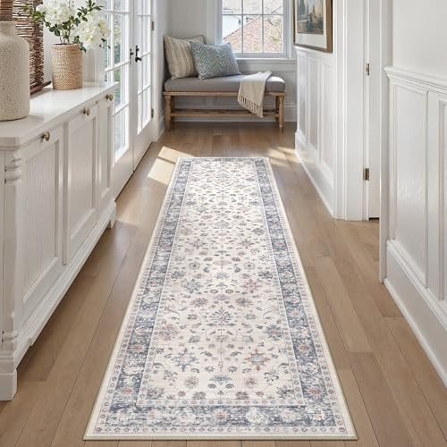PureCozy Vintage Waschbarer LäUfer Flur Teppich 60x240cm, Blau&Weiß | Blumenmuster,Waschbar, Rutschfest, Kurzflor, Weich, Küche, Eingangsbereich, Schlafzimmer, Bettvorleger
