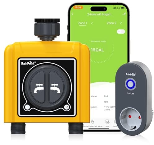 RAINPOINT Programador Riego WiFi 2 Salidas, Inteligente Temporizador Riego Automatico, App/Voz Control, Riego Basado en Clima/Humedad del Suelo, empotrar Caudalimetro Agua, para Césped Jardín