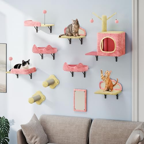 TAUS Flanell Wand-Kratzmöbel Set, 10-teilige stabile Katzenmöbel mit Katzenhaus, Schlafplatz, Kratzbrett, Sisal-Säulen für Katzen zum Schlafen, Spielen und Entspannen