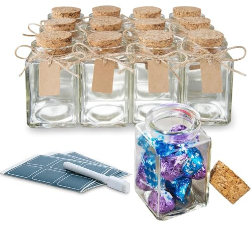 12 Pack Empty Candle Jars, 100ml Mini Square Glass Bottles with Stoppers, Mini Jars w/Cork Lids for Crafting Candles, Wedding Favours & Potions