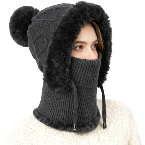 VGMANNTA Plüsch Sturmhaube Damen Kapuzenschal Winter Thermo Skimaske mit Nackenwärmer Multifunktionale Wolle Balaclava Strickmützen für Damen Gefüttert Beanie Mütz für Sport und Outdoor