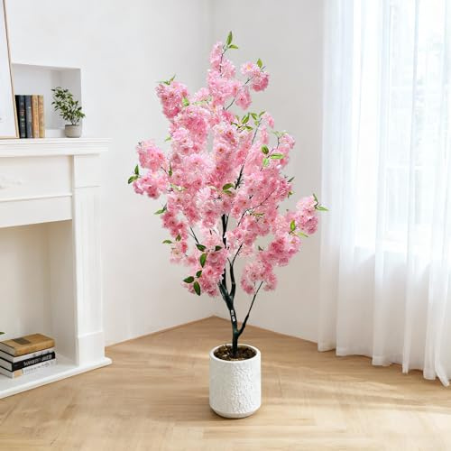 Künstlicher Kirschblütenbaum 150cm, Kunstbaum Kirschblüte Zimmerpflanze im Weiß Topf, Rosa Kunstpflanze Künstlicher Kirschbaum Zimmerpflanze Künstliche Pflanze Kirsche für Zuhause, Party