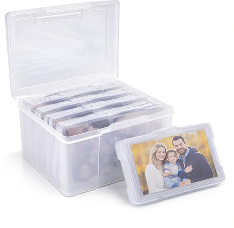 Unibos Photo Storage Box 4x6” – Clear Organizer with 6 Inner Cases, Plastic Photo & Craft Storage with Lids for Pictures, Cards, Stamps & Office Supplies