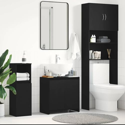 ULUYYUC Mobile da bagno nero effetto quercia, 60 x 33 x 61 cm, in legno con pratica porta e apertura lavandino, design moderno, robusto, per bagno, ospiti, WC e corridoio