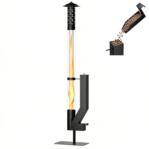 Feuerrohr Pellet Terrassenheizer, Edelstahl & Hitzebeständiges Borosilikatglas - Outdoor Feuersäule für Garten, Terrasse, Balkon - Inkl. Stabiler Basis
