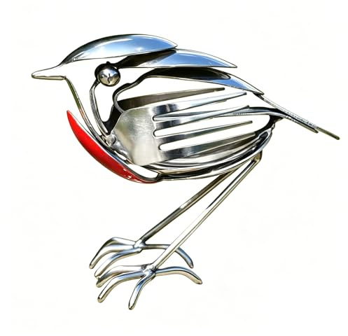 Metal Robin Garden Ornament, Handmade Metal Robin Bird Art Sculpture,Scrap Metals Art Bird Sculpture, Rustic Fork & Spoon Cutlery Craft Statue for Home Garden Decor,Unique Gift for Bird Lovers (1PC)