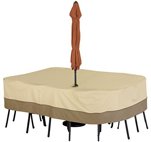 Classic Accessories 55-459-041501-00 Rechteckige/ovale Patio-Tisch und Stuhl-Set-Abdeckung mit Schirmaussparung für die Terrasse, Large