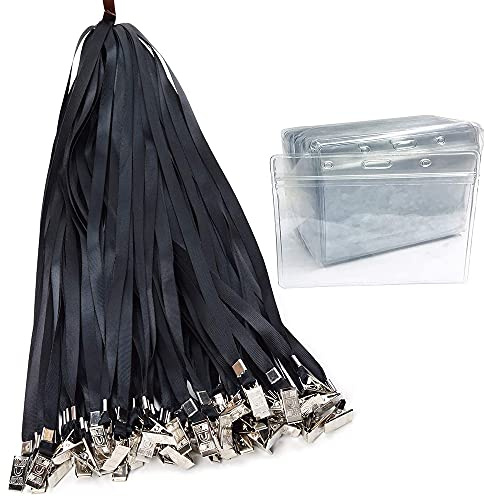 50 Stück Namensschilder, Ausweishalter mit Umhängeband, horizontal, wasserdicht, Kunststoff, Namensschilder (Schwarz)