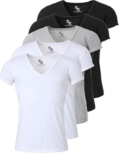 Young & Rich Herren Uni T-Shirt mit extra tiefem V-Ausschnitt Slimfit Stretch Dehnbare Passform einfarbiges Basic Shirt - 5er Pack