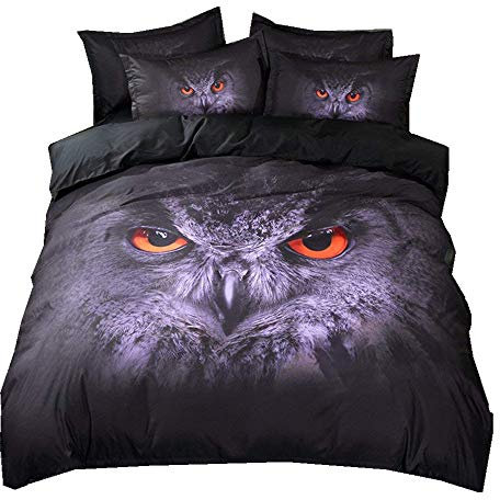 Stillshine Bettwäsche Set 3D Tier Katzen Eule Design Pattern Leichte Mikrofaser Schwarz Bettbezug & Kissenbezug Einzelgröße Doppelte King Size (Eule, Einzelgröße 135x200cm)