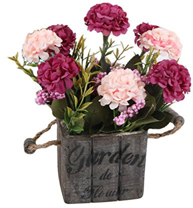 Flikool Hortensie Künstliche Blumen mit Holztopf Gefälschte Künstliche Pflanzen mit Topf Topfpflanzen Bonsai Hydrangea Kunstblumen Kunstpflanzen - Rose Blumen mit Square Dunkel Pot
