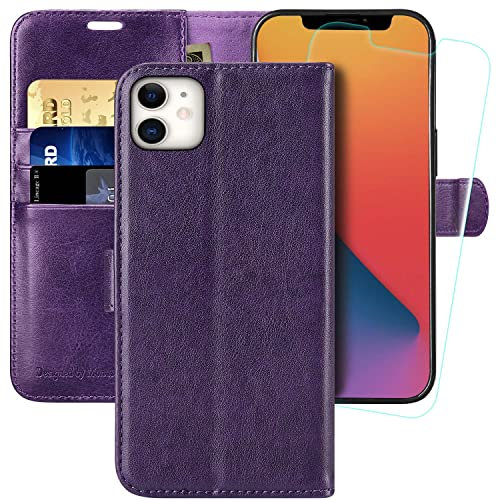 MONASAY iPhone 12 mini Wallet Case,5.4-inch, [Glass Screen Protector Included] [RFID Blocking] Flip Folio Leather Cell Phone Cover with Credit Card Holder for iPhone 12 mini,Purple