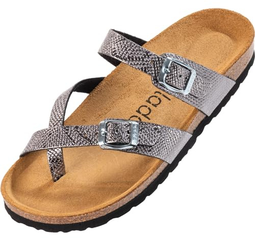 Palado Damen Pantoletten Cres Metallic - elegante Sandalen Made in Spain - bequeme Hausschuhe mit dämpfendem Kork-Fußbett - modische Sommerschuhe Pyth Anthrazit UK3,5 - EU36