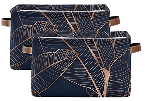 susiyo Gold Palm Leaves Navy Blue Closet Storage Bins with PU Handles, Foldable Fabric Storage Baskets for Shelves, Decorative Baskets Clothes Storage Baskets for Organizing-2Pack