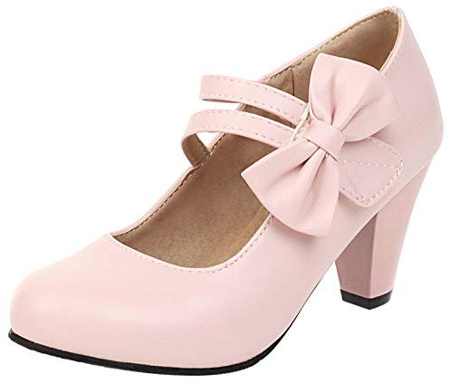 MJIASIAWA Donna con Cinturino alla Caviglia Festa Bowknot Tacco Alto Mary Jane Pump Classico Tacco A Blocco Festa Bridal Closed Toe Scarpe Rosa Numero 46 EU/48 Asiatico