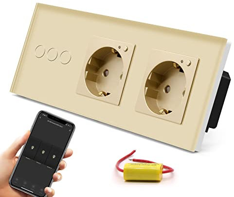 BSEED Interruptor de Luz Táctil WiFi Inteligente,Panel de Cristal,Compatible con Alexa, Smart Life y Tuya (No Necesita Cable Neutro),3 Gang 1 Vía con 2 WIFI Enchufes,228mm Oro